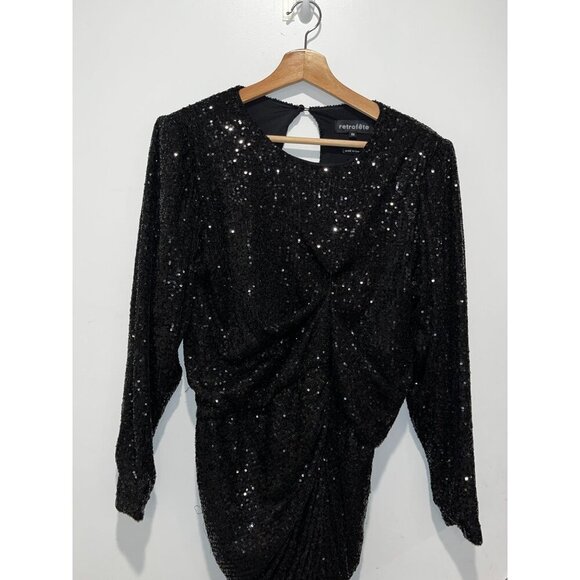 Retrofete Flynn Ruched Sequin Tulle Mini Dress Medium Black Puff Sleeve Shoulder - Picture 3 of 10